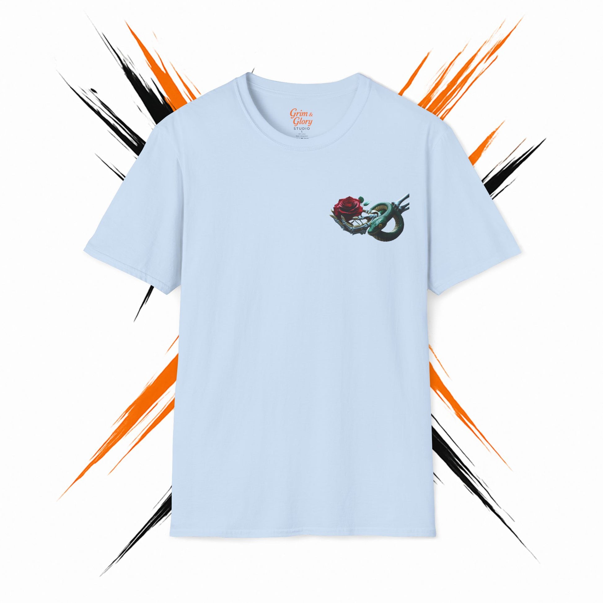 Blommig T-shirt med Ros och Orm – Stilren Unisex T-shirt för Vardagsbruk, Perfekt Sommarpresent, Mode för Blomälskare