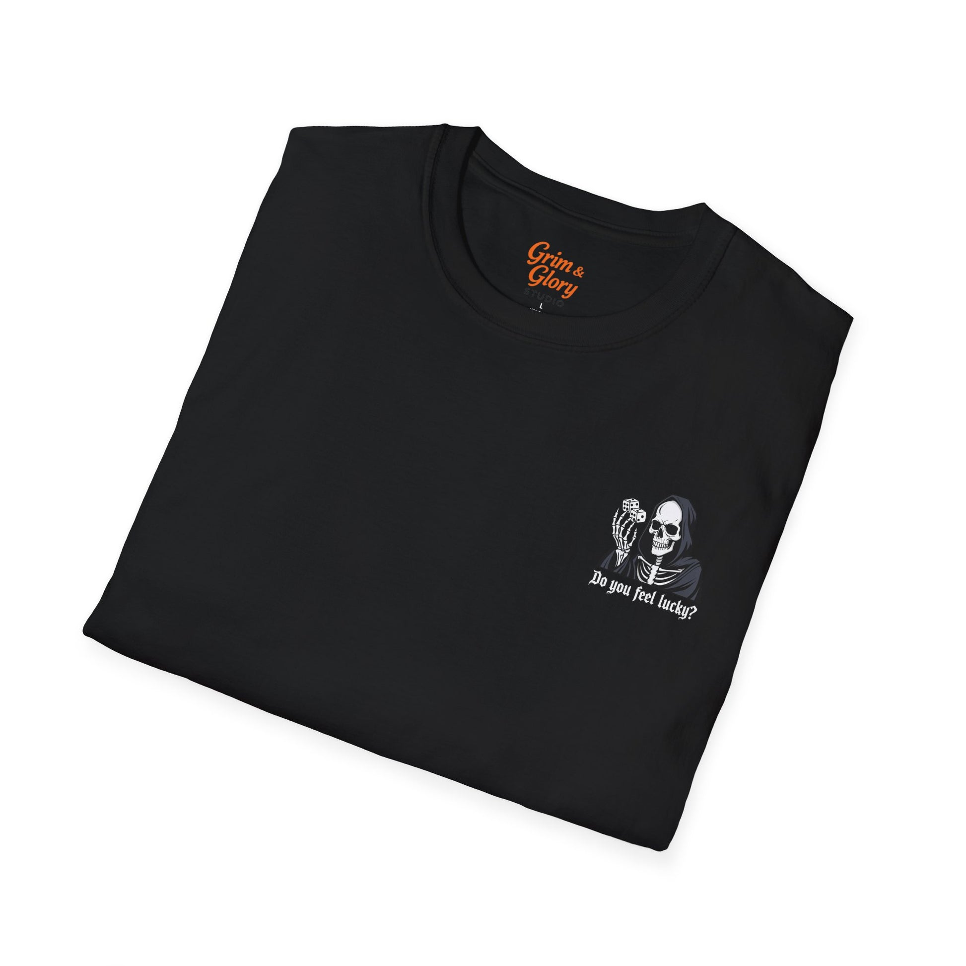 Känner Du Dig Tursam? – Döden T-shirt, Svart Humor, Skelett med Tärningar
