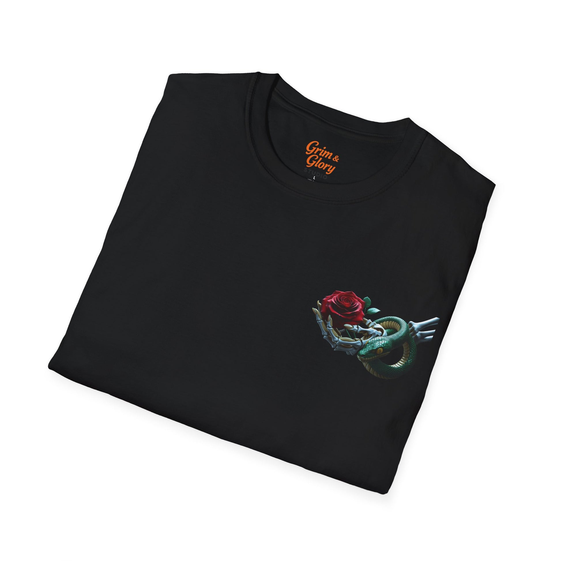 Blommig T-shirt med Ros och Orm – Stilren Unisex T-shirt för Vardagsbruk, Perfekt Sommarpresent, Mode för Blomälskare