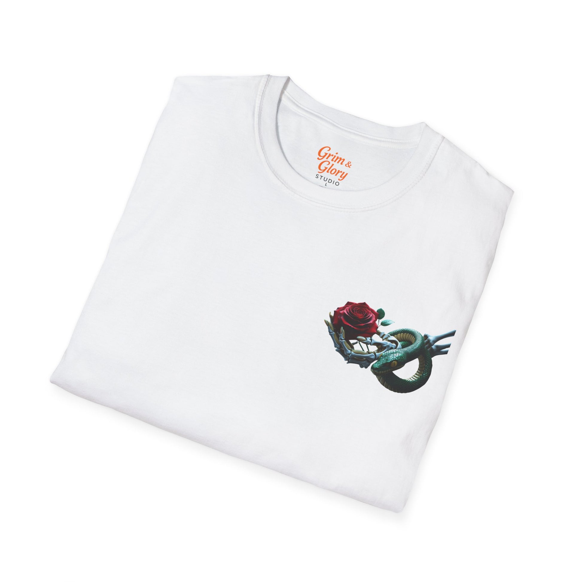 Blommig T-shirt med Ros och Orm – Stilren Unisex T-shirt för Vardagsbruk, Perfekt Sommarpresent, Mode för Blomälskare