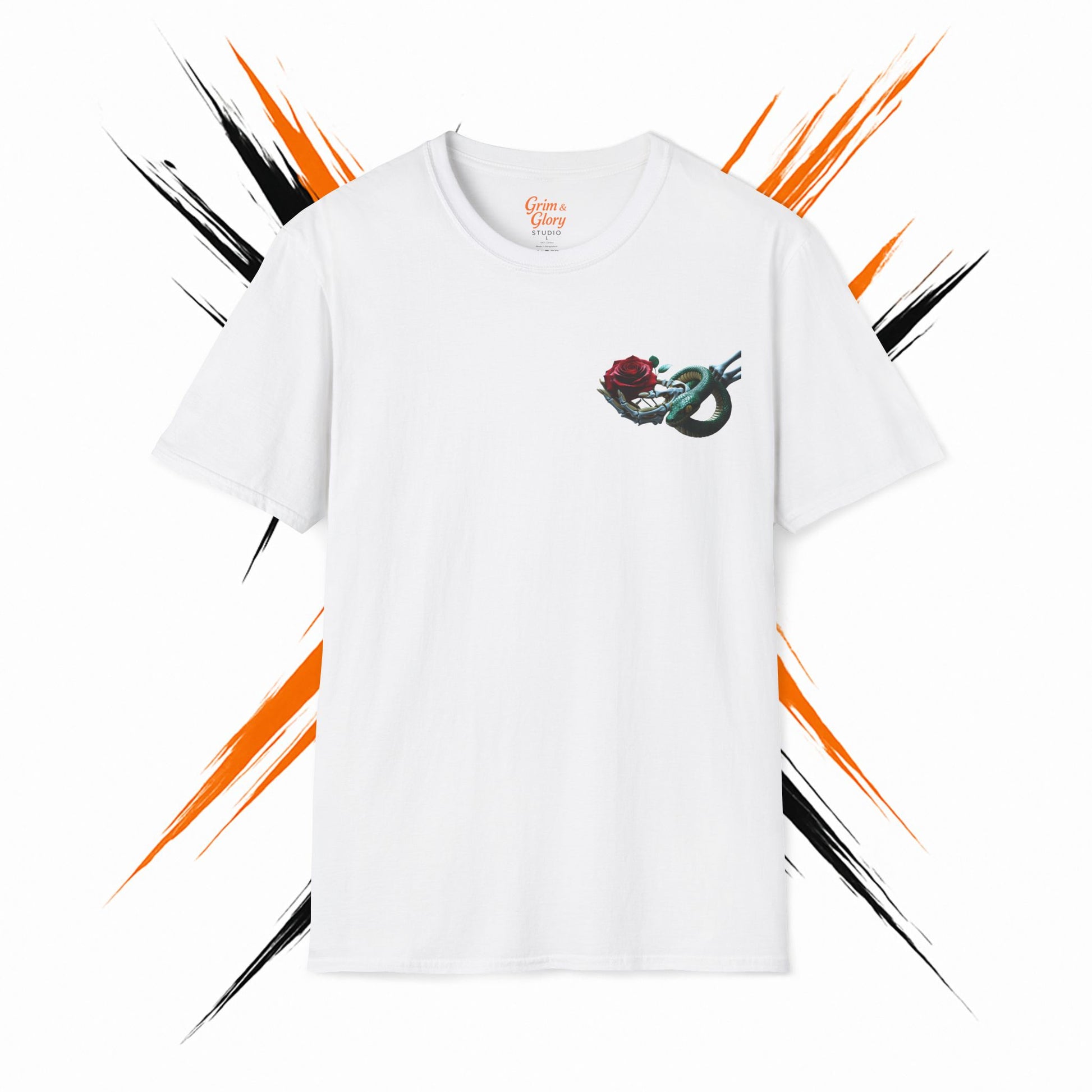 Blommig T-shirt med Ros och Orm – Stilren Unisex T-shirt för Vardagsbruk, Perfekt Sommarpresent, Mode för Blomälskare