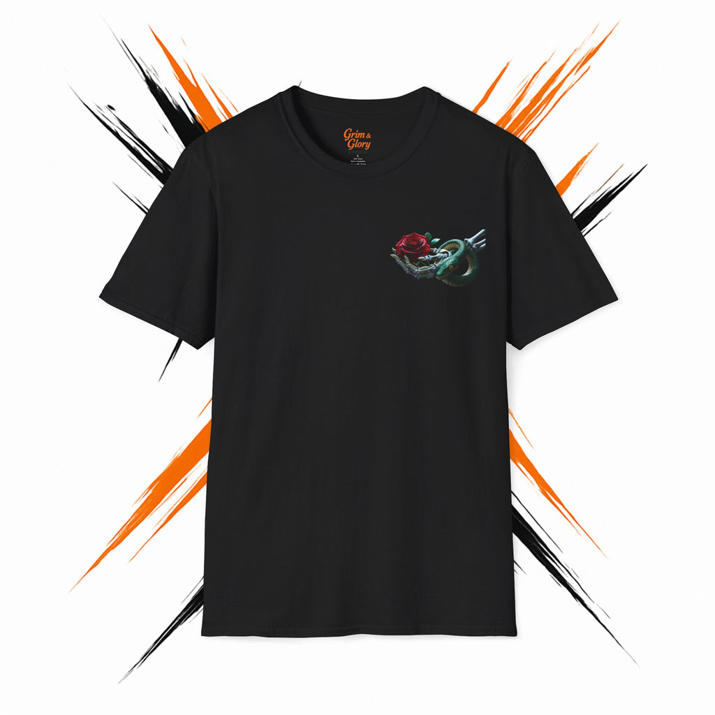 Blommig T-shirt med Ros och Orm – Stilren Unisex T-shirt för Vardagsbruk, Perfekt Sommarpresent, Mode för Blomälskare
