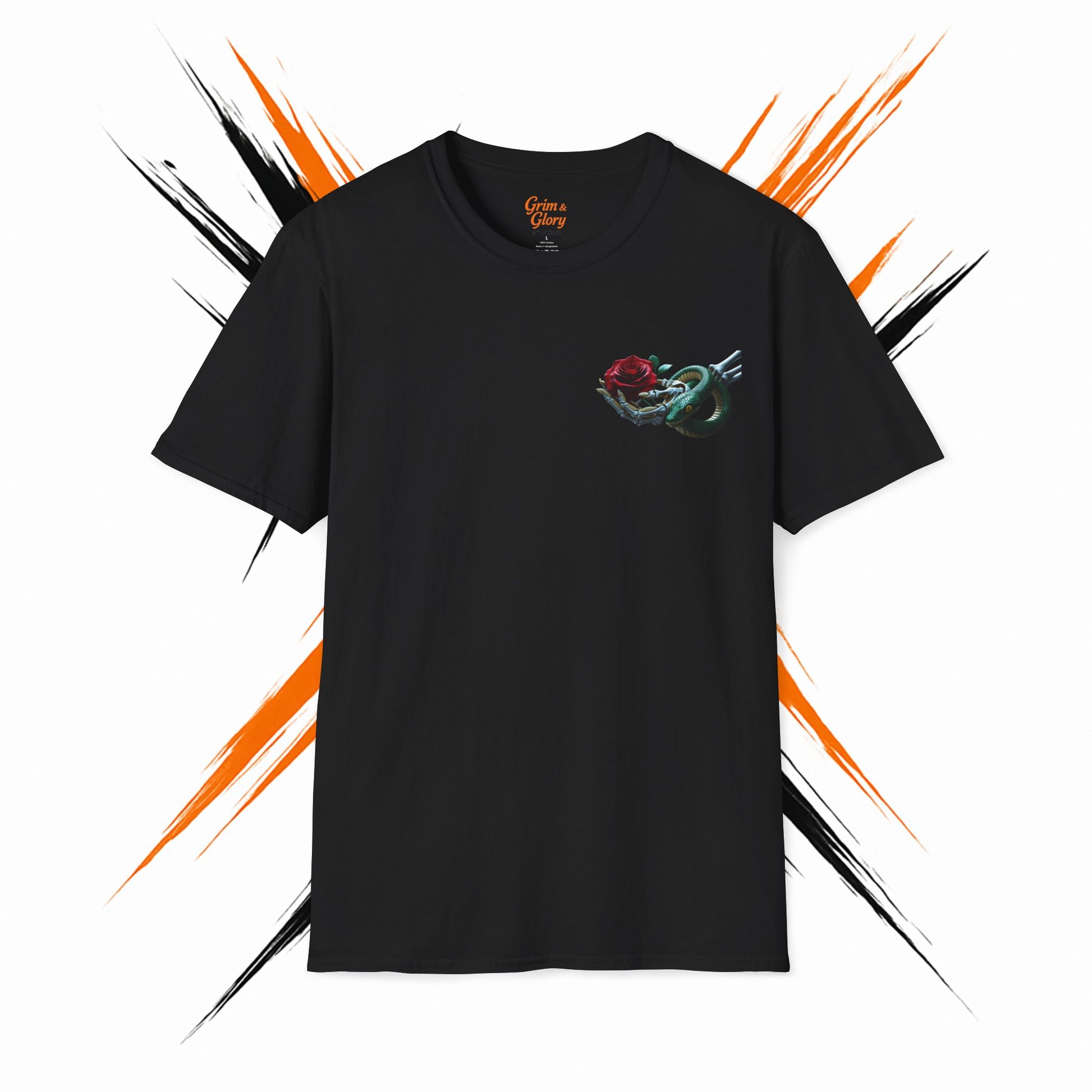 Blommig T-shirt med Ros och Orm – Stilren Unisex T-shirt för Vardagsbruk, Perfekt Sommarpresent, Mode för Blomälskare